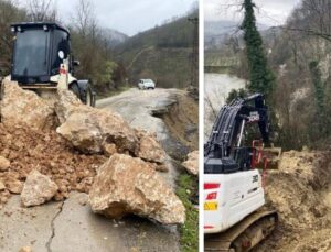 Cumayeri’nde Heyelan Bölgesinde Yol Çalışmaları Devam Ediyor